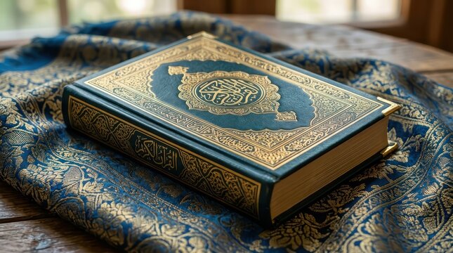 Ornate Quran Book with Gold Embossing on Decorative Fabric