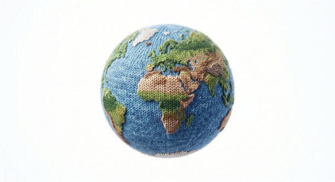 Handmade knitted globe of planet Earth showcasing continents and oceans in a unique textile craft art style