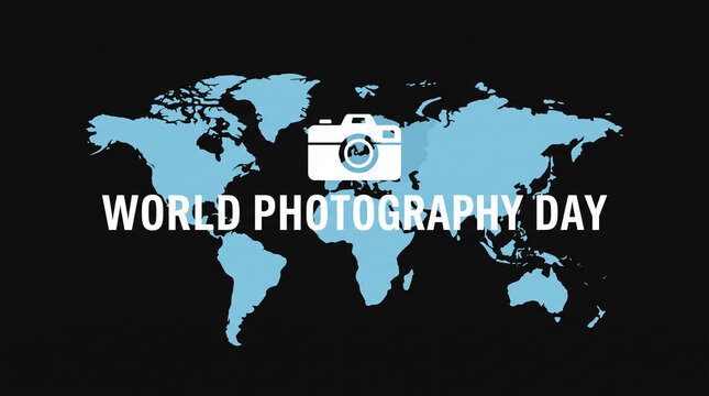 Silhouette world map with camera icon for World Photography Day.