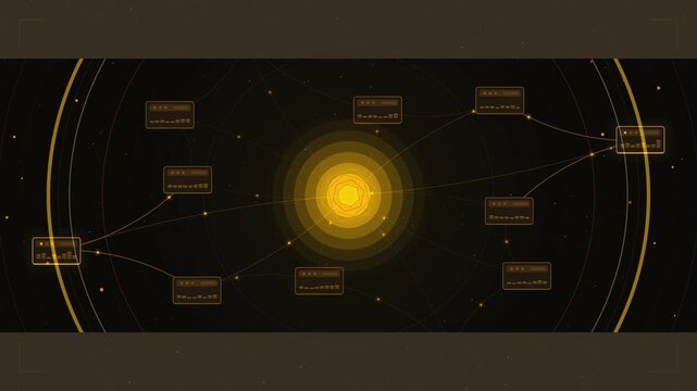 Futuristic HUD interface with glowing panels, readouts and graphs on a deep dark background, overlaid with a explosion shockwave effect in amber and orange tones. Seamless looping 4K motion graphics v