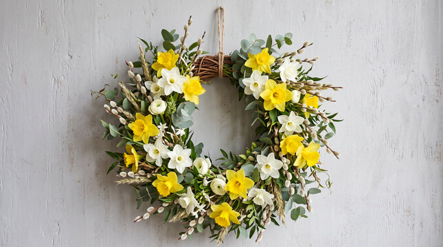 Spring floral wreath with yellow daffodils and white flowers.