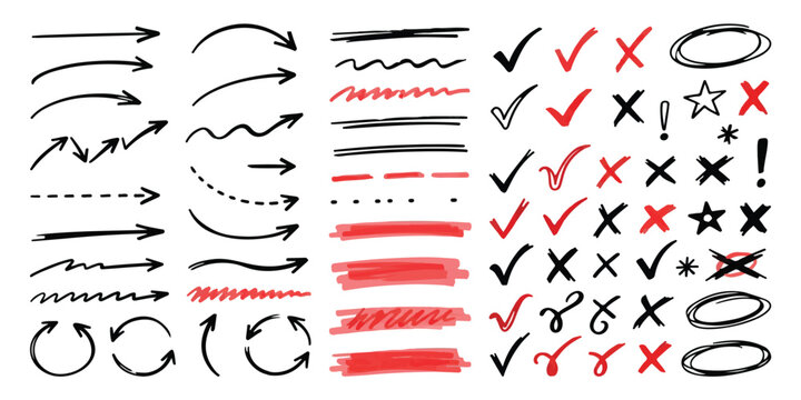 Hand drawn doodle set with arrows and checkmarks lines doodle icons design elements sketchy shapes pointing symbols note taking bullet points emphasis marks callout shapes scribble lines