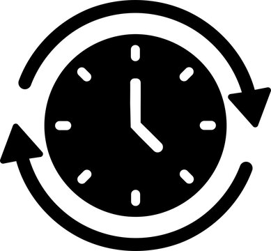 Black clock icon with circular rotation arrows isolated on transparent background