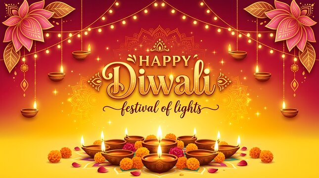 Happy diwali festival greeting card with glowing oil lamps