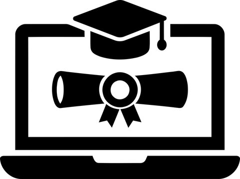 Black online education icon with laptop and graduation cap isolated on transparent background