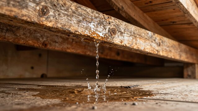 A close-up view of water dripping from a weathered wooden roof beam into a puddle below, highlighting structural damage and moisture accumulation.