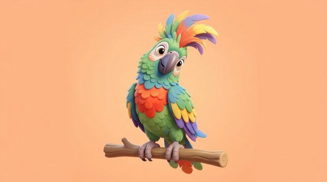 Cute Cartoon Parrot Perched on a Branch, Tropical Bird