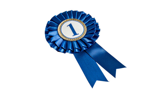 Blue award ribbon rosette badge with number one isolated first prize winner symbol