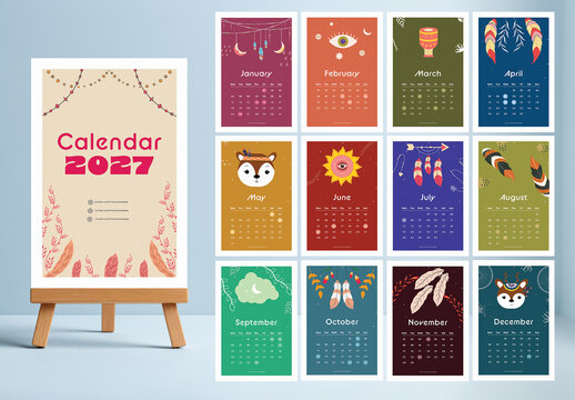 Editable Colorful 2027 Yearly Calendar Template for Desk and Wall Ready to Print.