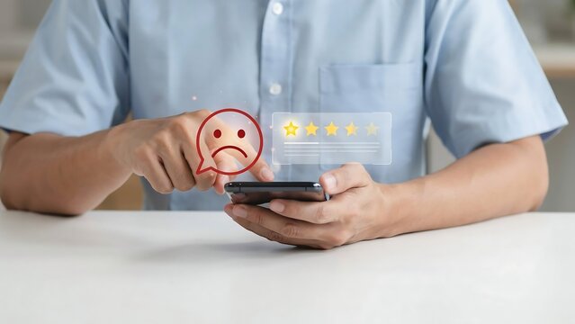Person leaving negative feedback or a poor review on a smartphone with a sad face emoji and one-star rating, reflecting customer dissatisfaction and a bad service experience online