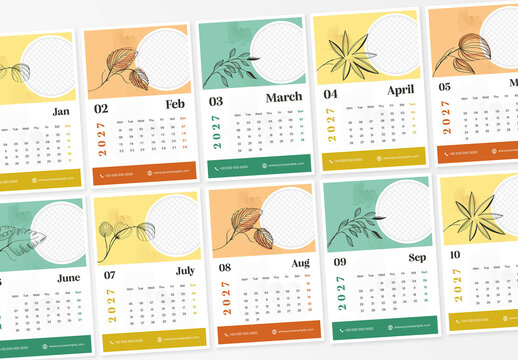 Editable 2027 Creative Botanical Monthly Calendar Templates for Mini Desk and Wall.