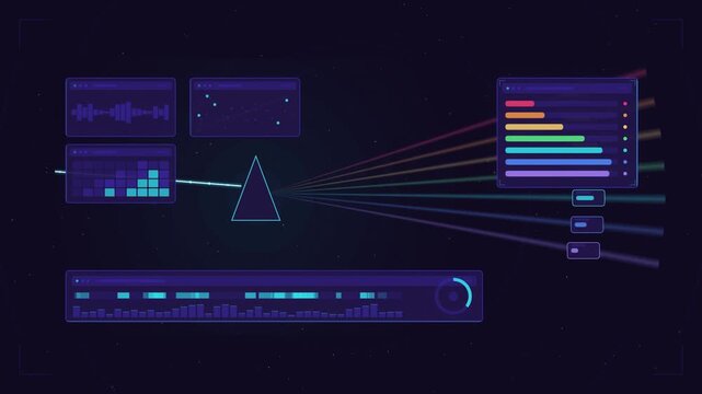 Futuristic HUD interface with glowing panels, readouts and graphs on a deep dark background, overlaid with a prism light dispersion effect in blue and cyan tones. Seamless looping 4K motion graphics v