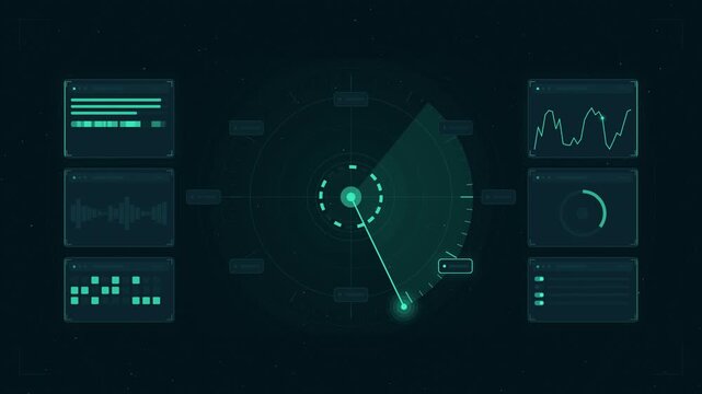 Futuristic HUD interface with glowing panels, readouts and graphs on a deep dark background, overlaid with a countdown leader circle effect in cyan and teal tones. Seamless looping 4K motion graphics 