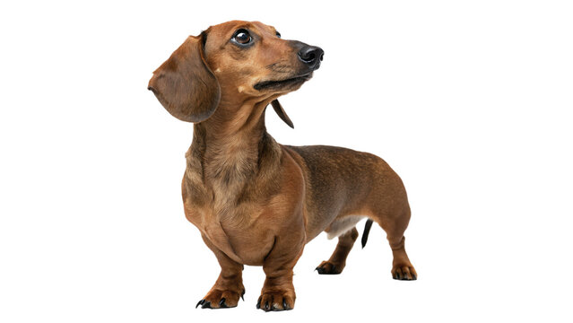 Small brown dachshund dog standing upright isolated on transparent background