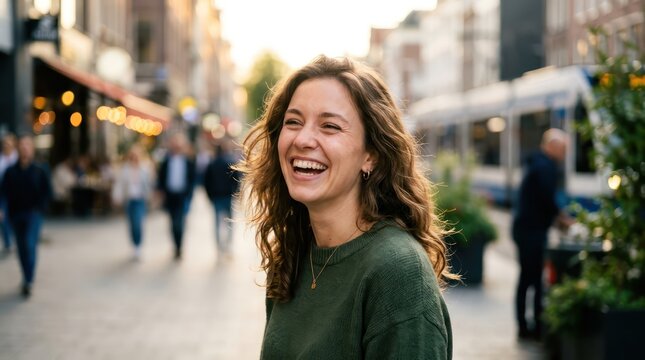 Joyful Woman Laughing on a Bustling City Street