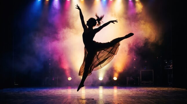 Ballerina Silhouette Dancing on Stage with Colorful Spotlights and Smoke