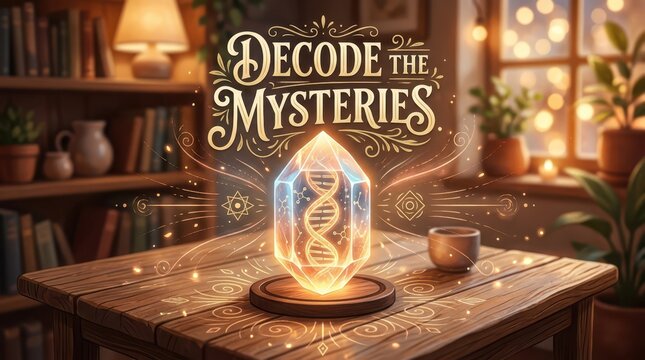 Magical crystal emitting light and energy, displaying a DNA helix, with 'Decode the Mysteries' text, in a cozy, book-filled room.