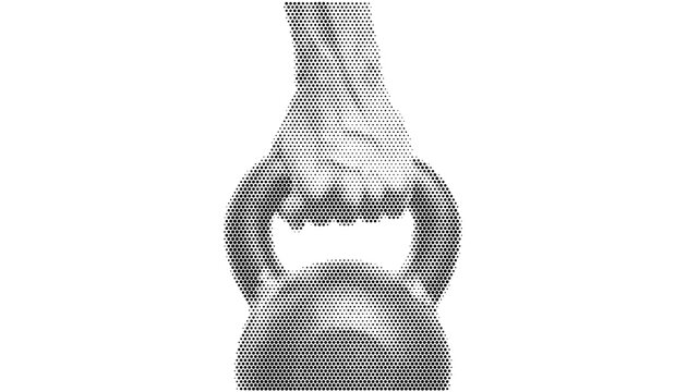 Hand holding kettlebell weight halftone dot print fitness gym workout crossfit bodybuilding muscle tshirt apparel poster sticker screenprint athletic emblem vintage monochrome vector illustration