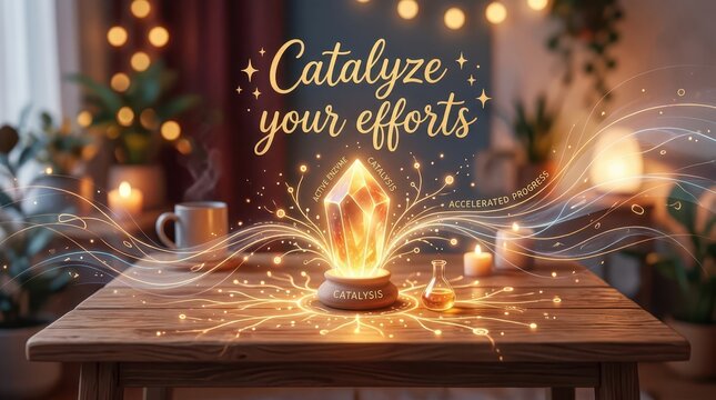 Magical crystal glowing and emitting energetic sparks and light beams, symbolizing catalysis and accelerated progress in a mystical setting.