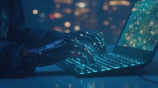 Person uses a specialized mouse or controller with a prosthetic arm while working on a laptop at night. The setting has bright city lights in the background