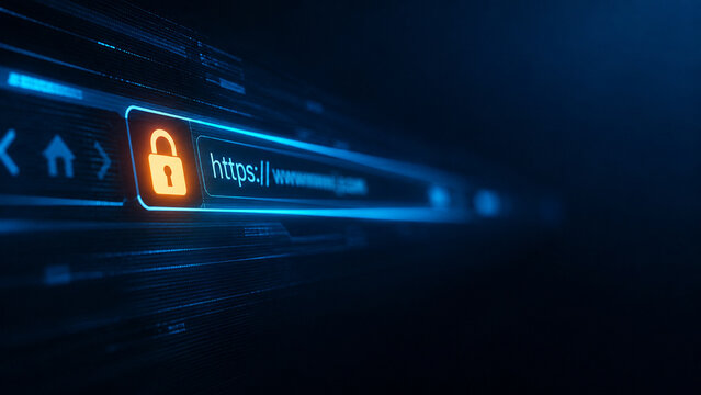 Glowing orange padlock on a futuristic HTTPS login interface, symbolizing cybersecurity, secure access, data protection, online privacy, and digital security.