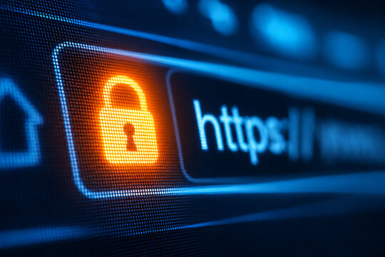 Secure cybersecurity interface with glowing padlock and HTTPS address bar, symbolizing data protection, online privacy, secure login, and safe internet access.