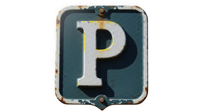 P letter painted in white on a weathered dark teal metal sign with visible rust spots and bolted corners isolated on transparent background.