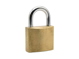 Solid brass padlock featuring a polished chrome steel shackle with realistic metallic reflections isolated on a white on transparent background © PNG_4_you