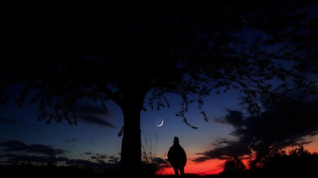 Silhouette of a person in nature observing night sky, Moon, stars and planets from a remote location.
