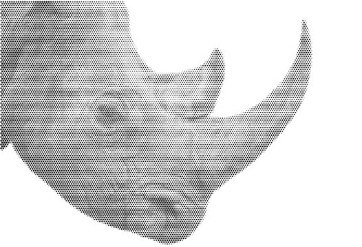 Rhinoceros head portrait wild halftone dot print rhino horn safari animal wildlife africa tshirt apparel poster sticker screenprint mascot emblem vintage monochrome vector illustration