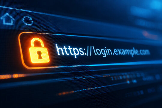 Glowing orange padlock beside a secure login address bar, symbolizing cybersecurity, online privacy, data protection, secure access, and digital authentication.