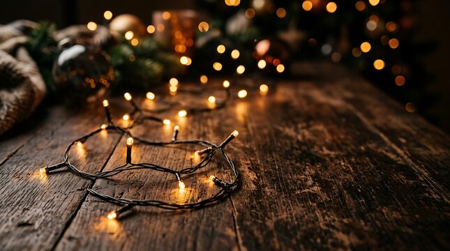 Fairy lights on wooden surface at night