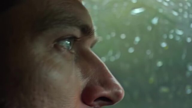 Driver watching road close-up with tense eyes through rain-splashed window, built for storm driving safety, hazard awareness, fatigue risk, insurance use, emergency travel, weather danger campaigns
