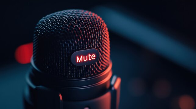 A close-up of a mute button on a professional microphone glowing red in a dark home studio. The focus is on the button, highlighting its function for audio control