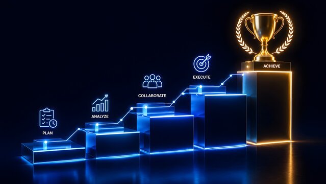 Neon glowing steps with business phase icons from plan to execute leading to a golden achievement trophy
