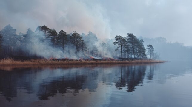 The scene shows a treeline on fire with flames visible, creating a reflection in the water below. Smoke fills the air, indicating ongoing fire activity near a body of water