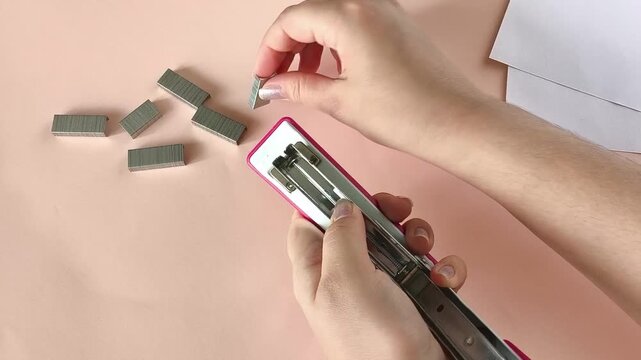 Woman inserting staples into a stapler on a desk during the workday in an office, with papers and documents nearby, representing office work, business tasks and document processing.