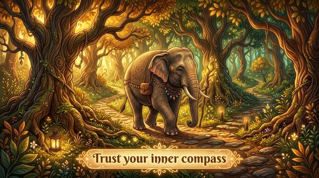 Majestic elephant walks through a magical, sun-dappled enchanted forest with ancient trees and glowing lanterns on a stone path.