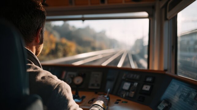 A train operator navigates the railway from the cabin while concentrating on the tracks ahead. Soft daylight enters through the window, creating a focused work environment