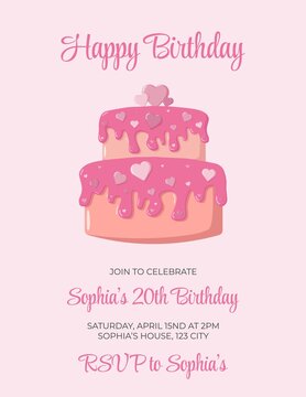 Birthday invitation card with pink cake illustration, heart decorations, and elegant text announcing Sophia s 20th birthday celebration