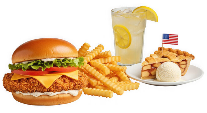 Fast food combo meal including a fried chicken sandwich, crinkle cut fries, lemonade, and pie.