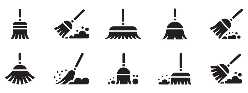 Vector flat cleaning broom icons showing different sweeping motions dust particles and dirt piles perfect for sanitary services housekeeping and laundry applications.