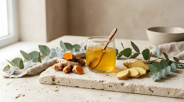 Turmeric and ginger root arranged beside a glass of golden herbal tonic on a stone tray.