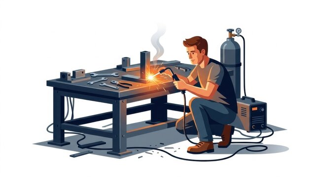 Industrial welder fabricating metal on workshop workbench with gas tank and tools vector illustration