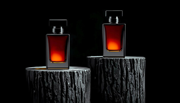 Two rectangular bottles of men's perfume on stumps, made of dark glass, with a simple design and a backlit black background.