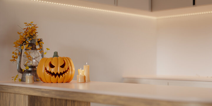 3D rendering of Carved pumpkin jack o lantern with candles on kitchen counter for day of the dead mockup