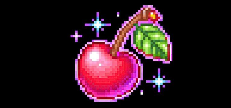 A glowing cherry in retro pixel art style, ideal for arcade-themed digital designs and gaming products.