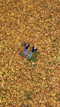 Vertical video: Aerial view of a happy boy and girl lying on ground and making leaf angels in autumn park. Drone shot of two kids moving arms and legs in yellow foliage. 9:16 format.