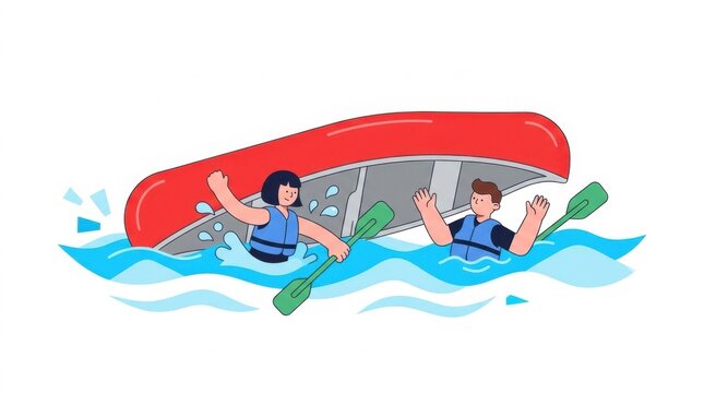 Flat Vector Illustration of Couple in Life Jackets by a Capsized Red Canoe in Water