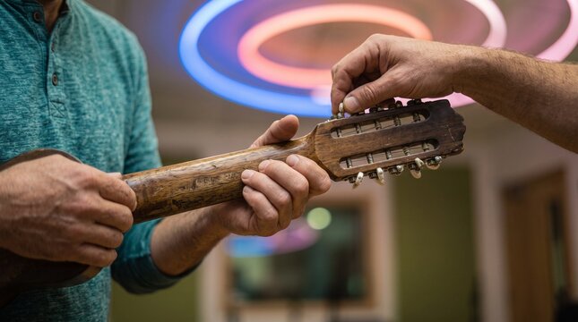 Hands tune a charango beneath a radiant circular rehearsal ceiling
